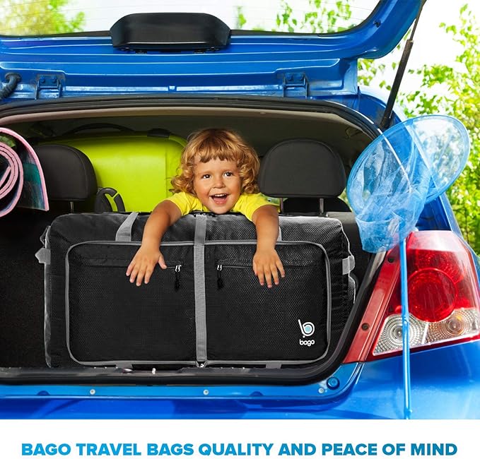 Bago Large Foldable Duffel Bags for Traveling Women & Men - 120L Packable Duffle Bag for Travel with Shoe Compartment - Water Repellant, Heavy Duty, Lightweight Folding & Collapsible (Black)