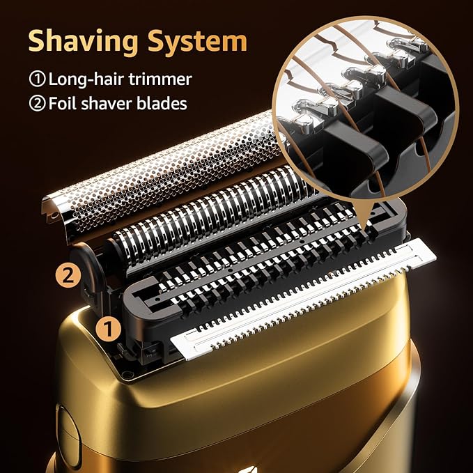 Electric Foil Shavers for Men, Mini Electric Razor, Compact Face Shaver, IPX7 Waterproof Wet Dry Cordless Razor, LED Display, USB-C, Travel-Friendly, Light Gold