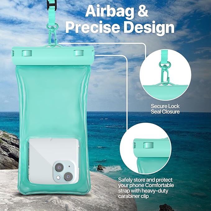 NEPHI IP68 Waterproof Phone Pouch 2 Pack-Up to 8.0"，Adjustable Neck Lanyard Floating Waterproof Phone Case for iPhone,Phone Dry Bags for Vacation Beach Pool Travel Essentials (Aqua Green 4 Pack)