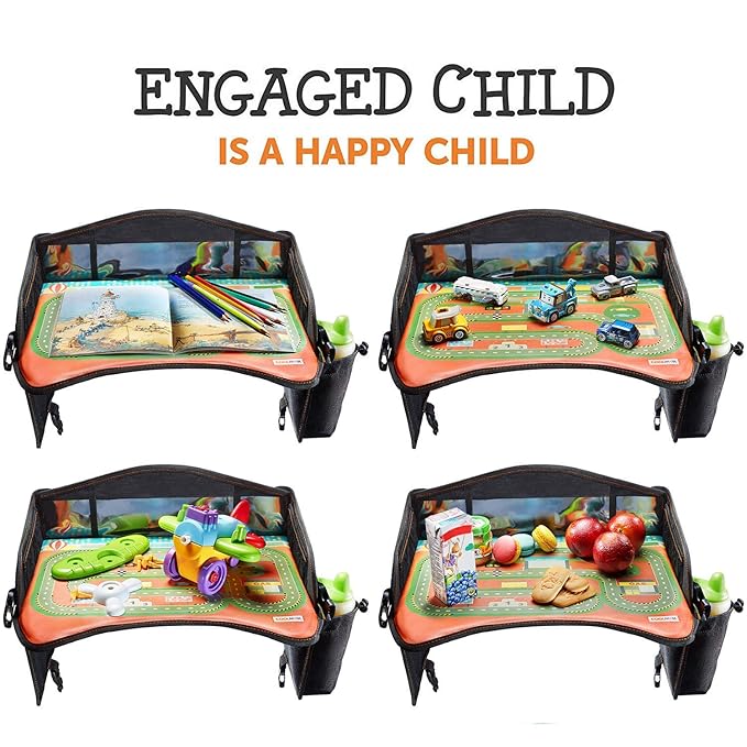 Coolmum Kids Travel Tray, Toddler Car Seat Tray, Double Sided Activity Organizer, Snack Lap Tray, Baby Stroller Table, Airplane Play Table, Waterproof and Foldable (Premium Black)