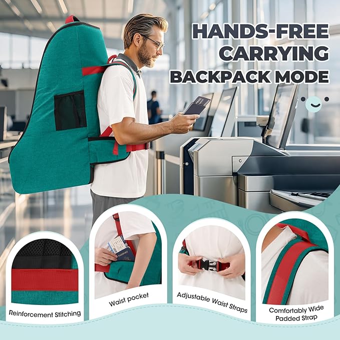 RAINSMORE Padded Car Seat Travel Bag for Airplane Heavy Duty Car Seat Backpack for Air Travel Baby Carseat Cover Bags for Airport Large Car Seats Carrier Fits Car Seats & Booster Seats, Green