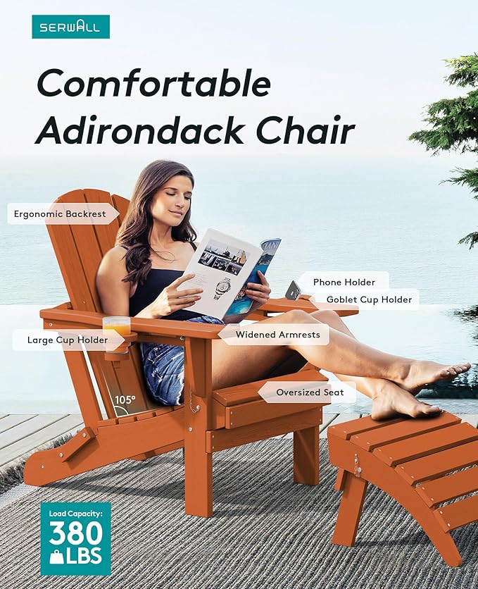 SERWALL Adirondack Chair with Cup Holders - Composite Adirondack Chairs Set of 8 HDPE Outdoor Chairs All Weather Use- Orange
