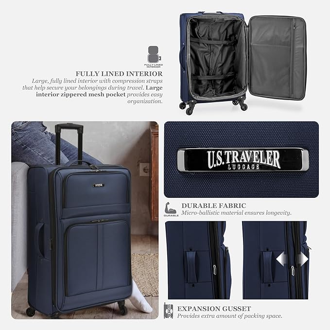 U.S. Traveler Anzio Softside Expandable Spinner Luggage, Navy, 2-Piece Set (22/30)
