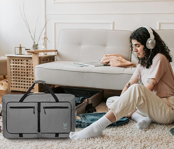 Bago Large Foldable Duffel Bags for Traveling Women & Men - 80L Packable Duffle Bag for Travel with Shoe Compartment - Water Repellant, Heavy Duty, Lightweight Folding & Collapsible (SnowGray)