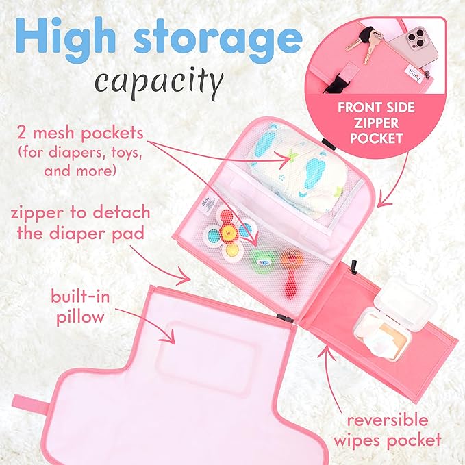 Kopi Baby Portable Diaper Changing Pad - Baby Diaper Changer Travel Bag with Wipes Pocket, Smart Design Portable Changing Mat, Infant Travel Station Kit, Gift for Newborn Girl & Boy - Pink, Classic
