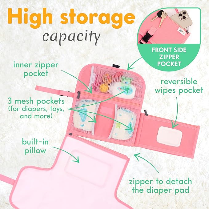 Kopi Baby Portable Diaper Changing Pad - Baby Diaper Changer Travel Bag with Wipes Pocket, Smart Design Portable Changing Mat, Infant Travel Station Kit, Gift for Newborn Girl & Boy - Pink, Premium