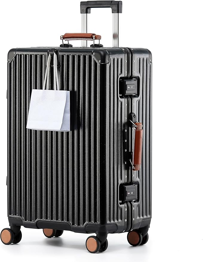 HotWay 24 Inch Hardside Checked Luggage with Leather Handle, PC Zipperless Suitcase with Spinner Wheels and TSA Locks, Lightweight Checked Luggage for Travel, Black