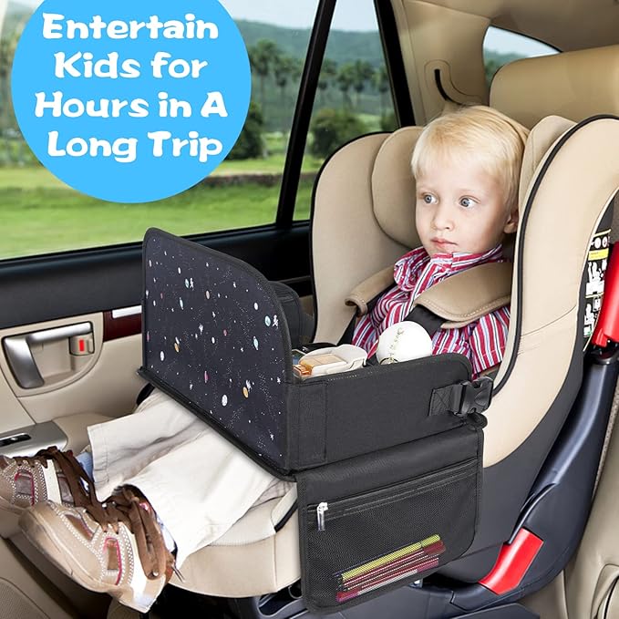 MENZOKE Kids Travel Tray, Travel Tray for Kids Car Seat with Educational Drawing Board, Tablet Holder & Cooler Cup Holder, Portable Road Trip Essentials Child's Gifts for Car Trip, Airplane, Black