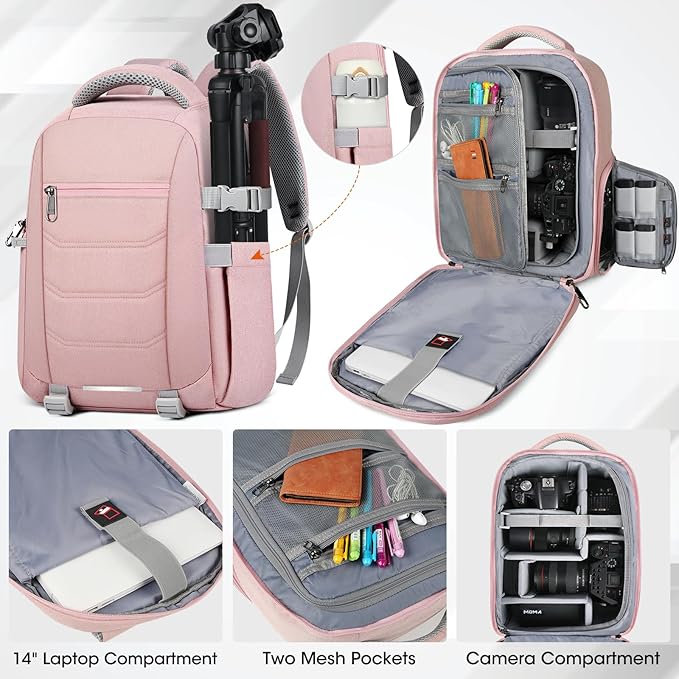 SDYSM Camera Bag Backpack Professional for DSLR SLR Mirrorless Camera Waterproof Laptop Back Pack 14 Inch with Rain Cover Anti Theft Travel Case Large Capacity Photography Backpack Pink