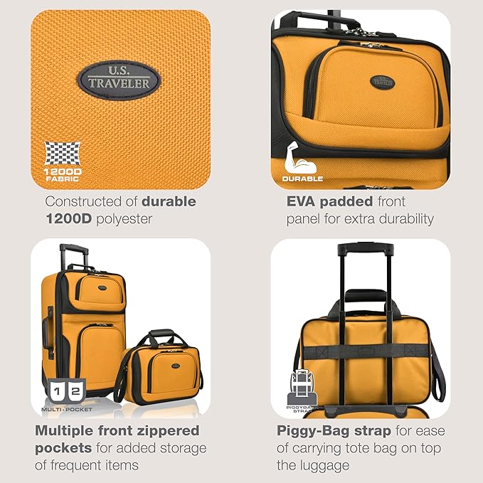 U.S. Traveler Rio Fabric Expandable Carry-on Luggage, Rolling Suitcase, Orange, 2 Wheel Set
