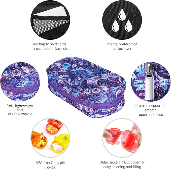 Serfeymi Weekly Travel Pill Organizer 2 Times A Day AM PM Upgraded Rainbow Pill Box 7 Day with Portable Zipper Canvas Pill Case, Medicine Organizer for Pills, Vitamins, Fish Oils - Purple 01