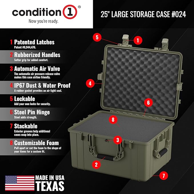 Condition 1 25" Large Heavy-Duty Protective Waterproof Hard Case Model 024, Portable Storage Box with Customizable Foam, Camera, Tool, Hunting, Made in USA, 24.27"x19.40"x13.57" Green