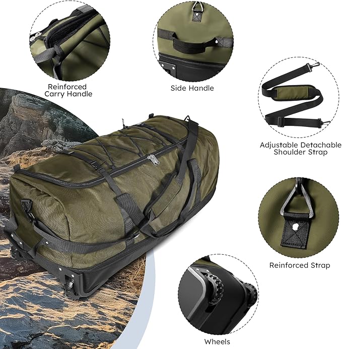 110L Expandable to 140L 32” Foldable Oxford Soft-Sided Rolling Duffle Bag with 2 Heavy-Duty Wheels,3 Large Compartments,Adjustable Shoulder Strap and Attached Organizer Pouch,Green