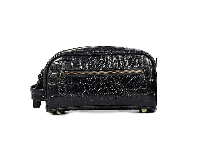 10" Premium Leather Toiletry Travel Pouch With Waterproof Lining | King-Size Handcrafted Vintage Dopp kit By Aaron Leather Goods (Grease Black)