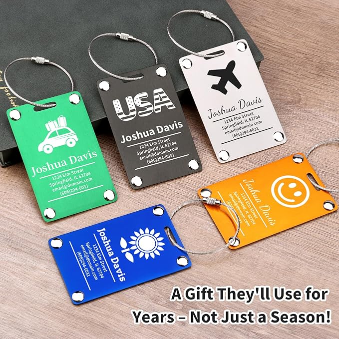 6 Pack Personalized Luggage Tags for Suitcases, Handmade Engraved Stainless Steel Custom Luggage Tags for Cruise Travel with Stainless Loop, Suitcase Identifier Metal Name Baggage Tag