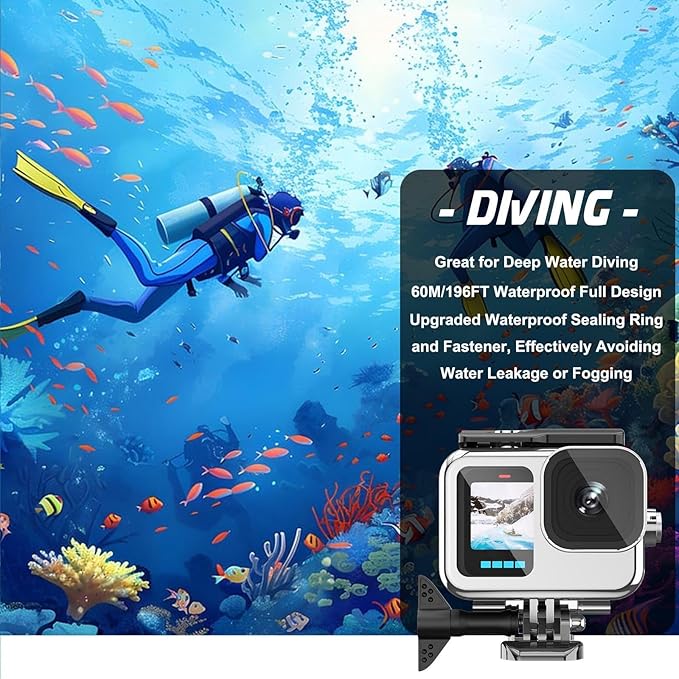Compatible for Go Pro Hero 13 12 11 10 9 Black Waterproof Housing Case 60M/196FT Protective Underwater Diving Case Shell with Cameras Handle Mount Accessories Kit