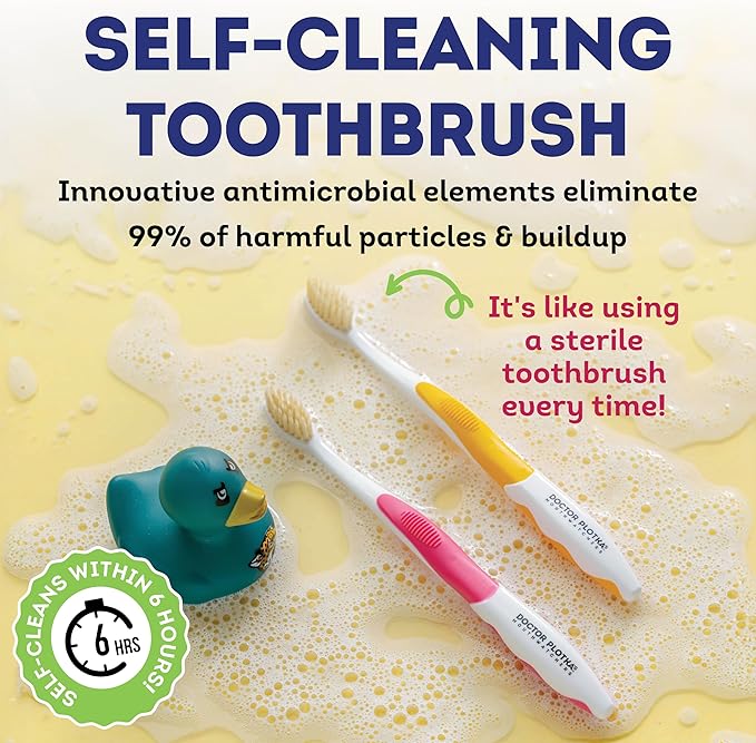 MOUTHWATCHERS Soft Childrens Flossing Manual Toothbrush, Value Pack of 4, Blue, Toothbrushes for Kids & Teens, Ultra Clean, by Dr. Plotka's
