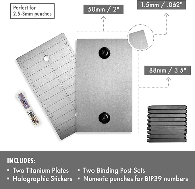 ColdTi - Titanium Bitcoin Seed Plates for Ultra-Secure Ethereum and Crypto Seed Phrase Storage (2 Plates, Numerical Punch Set & Seals) - Premium Seed Phrase Metal - Numerical Punch Set Included