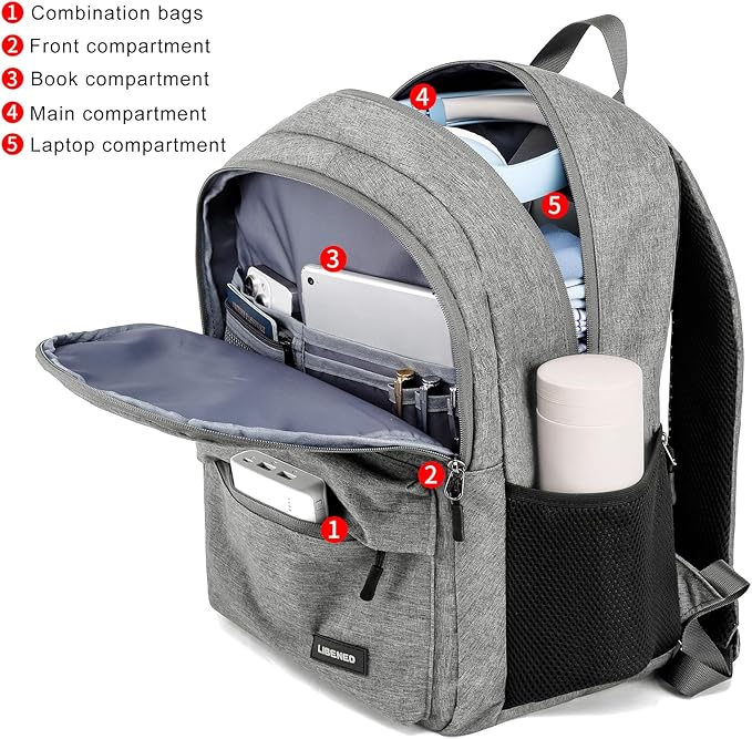 Backpack for School, Teen Backpack, Computer Bag with 2 Compartments, Ergonomic Shoulder Straps, 15.6 Inch Laptop Sleeve, Book Mochilas - Grey