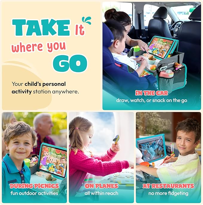 Kids Travel Tray with Dry Erase Board - Car Seat Tray for Kids Travel, Carseat Table Top for Toddler, Lap Desk for Car Seat, Activity Organizer & Snack Holder, Road Trip Essentials for Kid (Aqua)