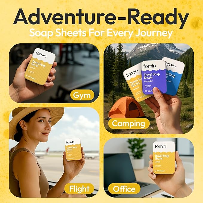 FOMIN - Antibacterial Paper Soap Sheets Tin for Traveling - (300 Sheets) Variety Pack (Unscented, Orange, Lemon) Portable Travel Hand Soap Sheet, Dissolvable Mini Camping Hand Soap for Hand Washing