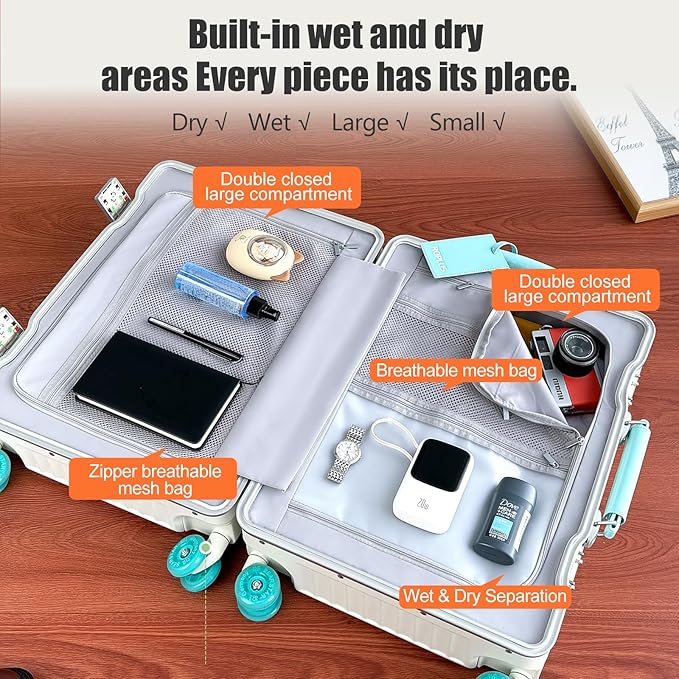 Aluminium Frame Carry on Luggage with Smooth Jelly Wheels, Hardside Zipperless Rolling Suitcase with TSA Lock (WhiteGreen, 21-Inch)
