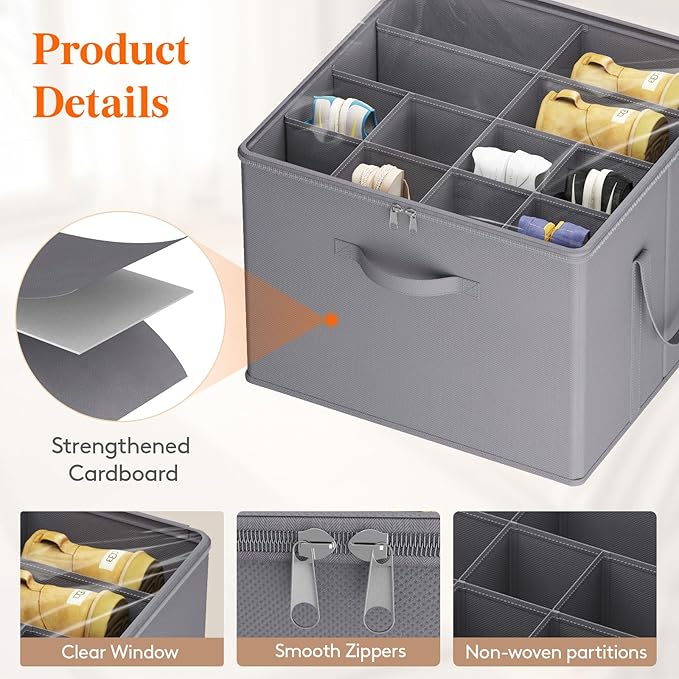 Lifewit Shoe Storage Organizer for Closet, Fits 12-16 Pairs, Large Shoe Box Storage Containers with Clear Cover and Reinforced Handles, Foldable Storage Bins Fit for Boots Heels Sneakers, 1 Pack Gray
