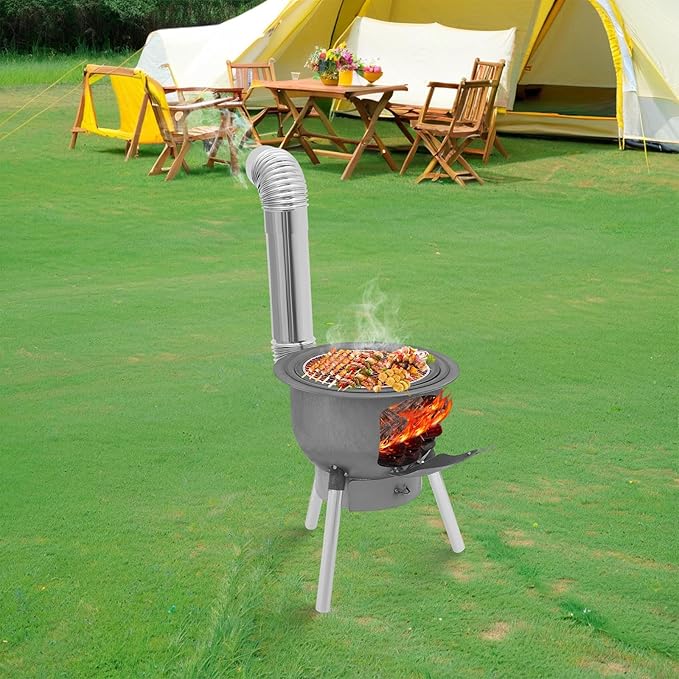 Camping Stove, Wood Burning Stove, Portable Grill Barbecue Cooking Grate and Cooktop with 3 Size Stove Rings, Multi-Functional Firewood Stove for Outdoor, Fishing, Hiking