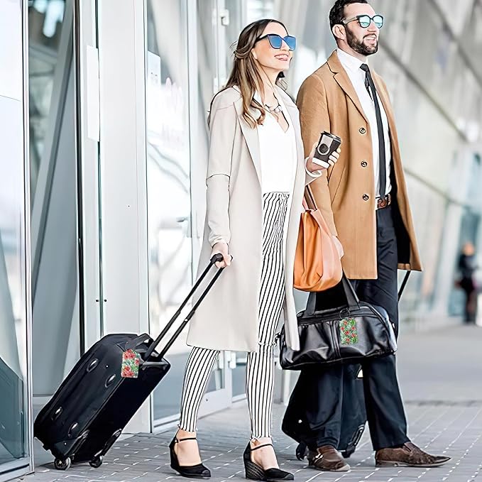 Tropical Palm Leaves Luggage Tags for Suitcase,Hibiscus Flowers Luggage Tags of Set 2 Leather Identifiers Privacy Cover with Stainless Steel Loop for Women Men Travel Bag Suitcase
