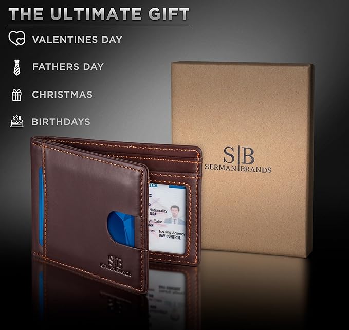 SERMAN BRANDS RFID Blocking Slim Bifold Genuine Leather Thin Minimalist Front Pocket Wallets for Men Billfold Wallet Men Gift