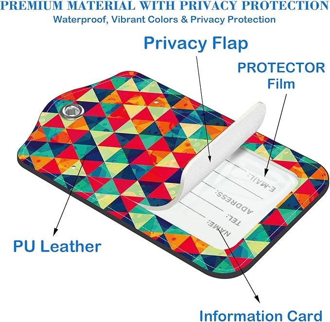 Watercolor Rhombus and Colored Triangle Luggage Tags for Suitcases Leather Travel Tags for Luggage ID Label with Privacy Cover and Stainless Steel Loop for Men Women Suitcase Backpack, Set of 2