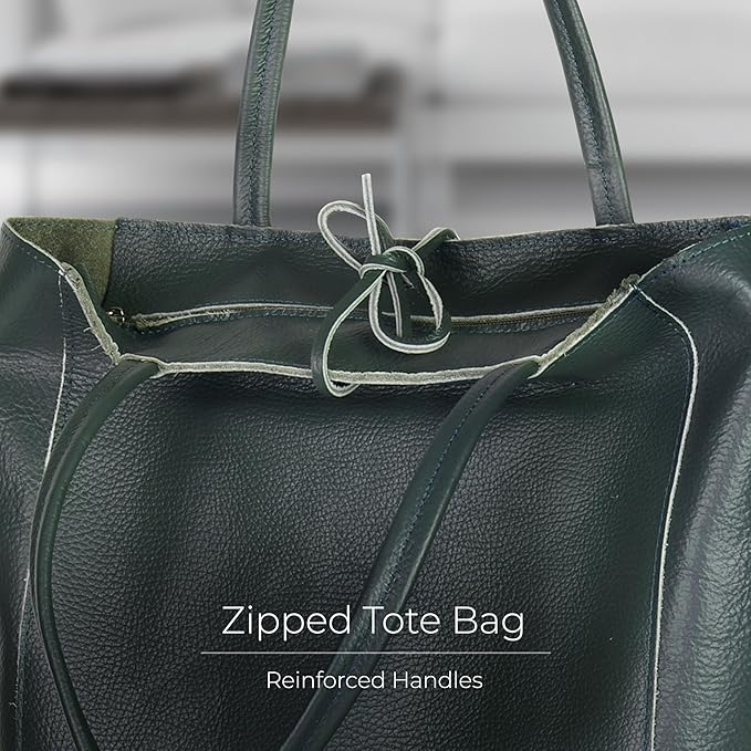 Italian Calf Leather Tote for Women with Zipper, Inner Pocket & Flat Base | Soft Unlined Shopper for Work & Travel