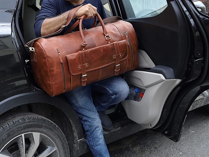 Duffle Leather Travel Bag for Women Men Gym Sports Overnight Weekend Airplane Cabin Bag 28 Inch Large Size Travel Bag with Shoe Compartment by Cureo