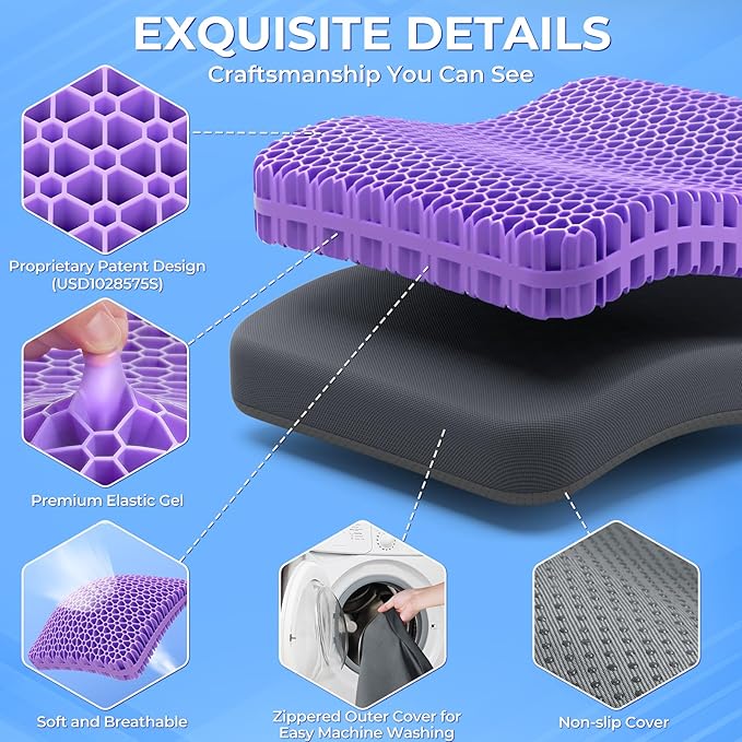 TushGuard Gel Seat Cushion for Long Sitting, Enlarged & Thickened Patent Design Office Chair Seat Cushion, Breathable Cooling Pads for Chairs, Soft Car Cushions for Wheelchair(XX-Large, Grey)