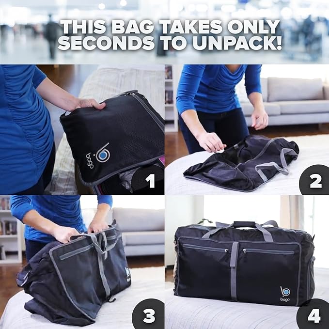 Bago Foldable Duffel Bags for Traveling Women & Men - 60L Medium Packable Duffle Bag for Travel with Shoe Compartment - Water Repellant, Heavy Duty, Lightweight Folding & Collapsible (Pink)