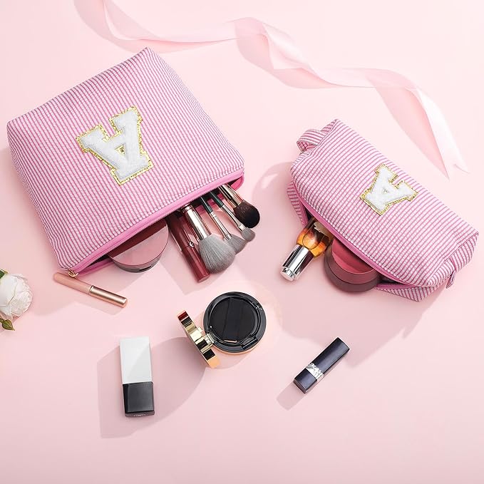 YOOLIFE Personalized Initial Makeup Bag for Women | Pink Cosmetic Travel Toiletry Bag | 11 12 13 14 15 16 Years Old Girl Gifts | Preppy Stuff Teen Girl Gift Trendy Stuff A