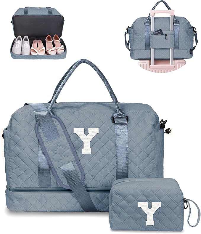 Personalized Weekender Duffle for Women With Shoulder Strap, Wet Pocket, Makeup Bag - Overnight Travel Gift for Friend Sister (Letter Y)