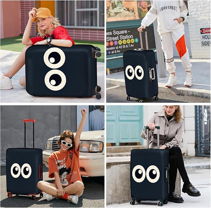 ANNA QUEEN Navy Blue Cartoon Eyes Luggage Cover, Funny Suitcase Protector for 24-26 Inch Luggage, Stretchable & Washable Travel Cover, Cute, Durable & Easy to Spot