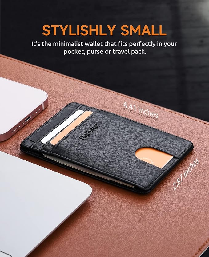 Buffway Mens Slim Wallet, Minimalist Thin Front Pocket Leather Credit Card Holder with RFID Blocking for Work Travel