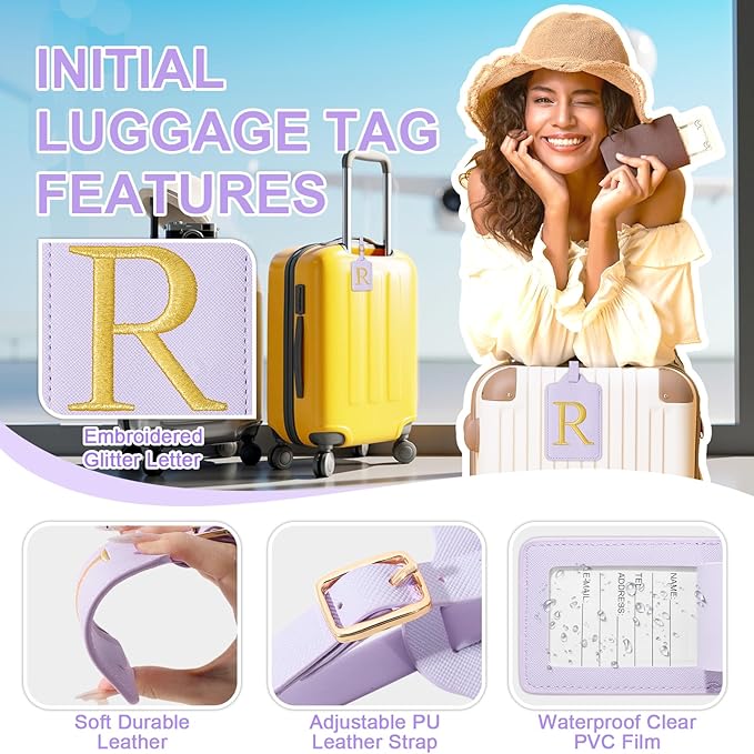 Personalized Initial Luggage Tags for Suitcase, Purple Leather Cute Luggage Tags with Privacy Cover Name Card, Embroidered Custom Monogrammed Luggage Tag Travel Backpack Tags Gifts for Women Kids(R)