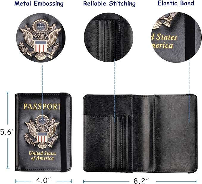 TOURSUIT RFID Blocking Passport Holder for Women Men, Leather Passport Travel Wallet with Metal 3D Metal Badge, Travel Document Holder Cover Accessories (Black)