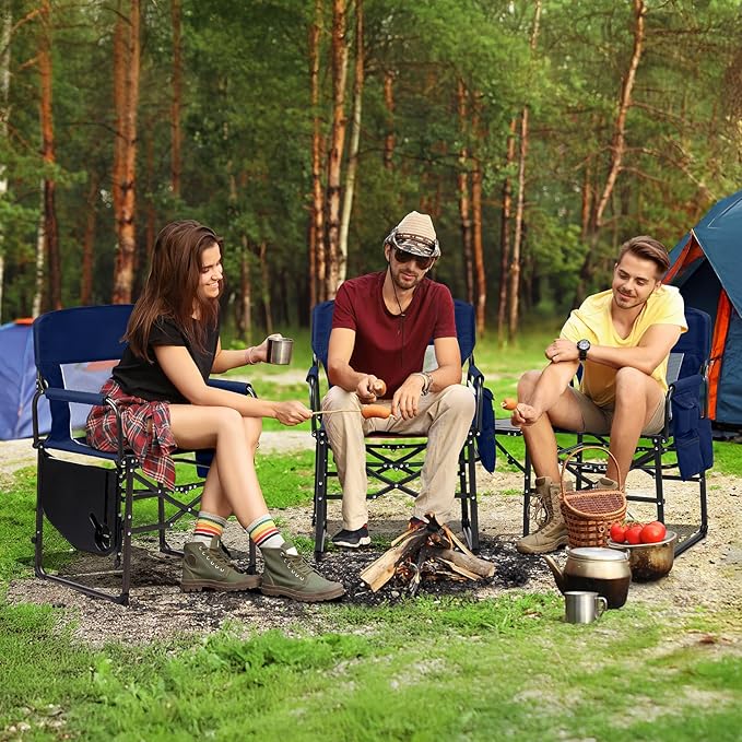 VINGLI Camping Chairs, Directors Chair, Camping Chair with Side Table & Carry Bag，Heavy Duty Camping Chairs for Adults, Portable Folding Camping Chair, Pocket for Beach, Fishing,Trip,Picnic,Lawn-Blue