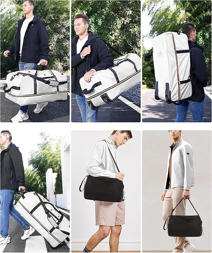 CONTAIL 32”110L Expandable 140L Rolling Duffle Bag with 2 Inline Wheels,Convertible Weekend Travel Bag with Bungee-Cord System,Grey