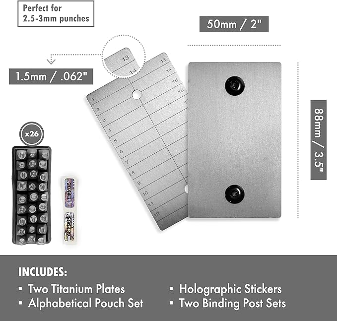 ColdTi - Titanium Bitcoin Seed Plates for Ultra-Secure Crypto Seed Phrase Storage (2 Plates, Punch Set & Seals) - Premium Seed Phrase Metal - Alphabetic Punch Set Included