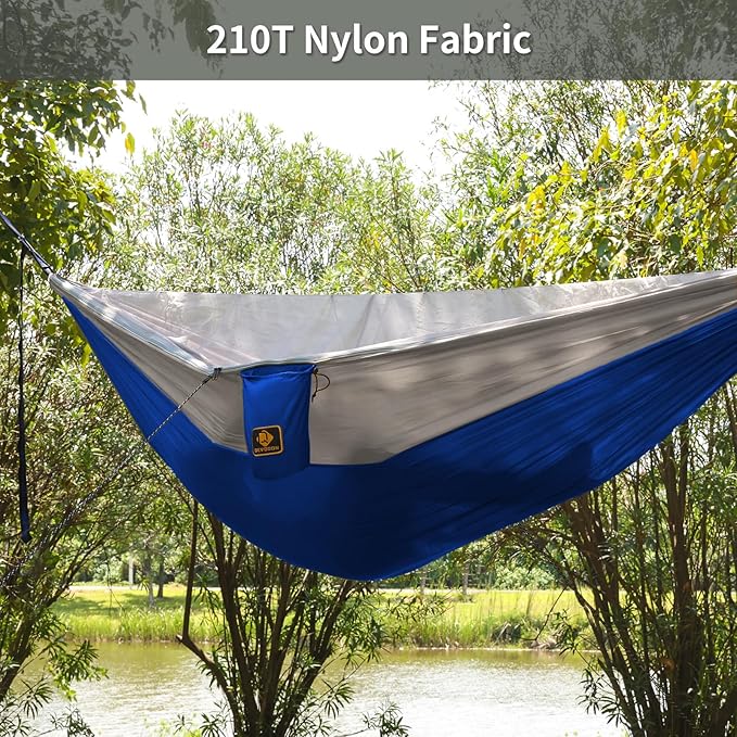 Camping Hammock, Portable Hammocks with Mosquito Net,Lightweight Nylon Parachute Hammock with 10ft Tree Straps,Camping Gear Must Haves for Travel Hiking Backpacking Beach Patio-Blue&Grey