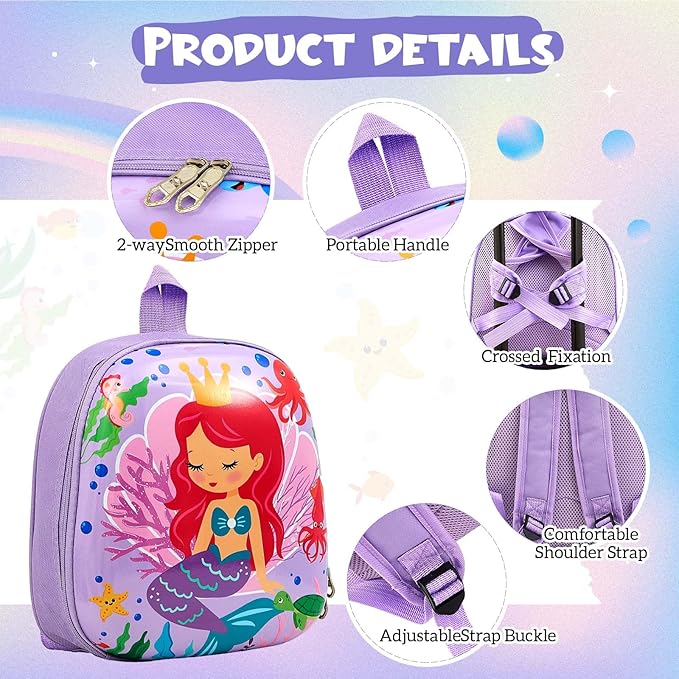 Sanwuta 4 Pcs Kids Luggage Set Kids Backpack Travel Rolling Suitcase with Wheels U-shape Pillow Childrens Gift for Girls Boys(20 Inch,Mermaid Style,Purple)