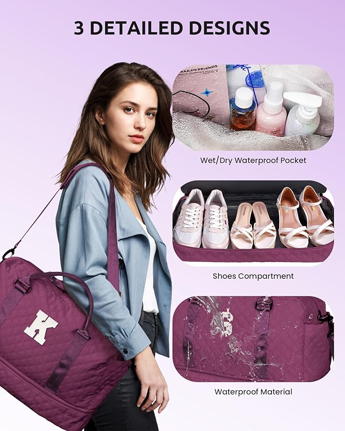 Birthday Gifts for 4 5 6 7 8 9 10 11 12 13 Year Old Girls-Initial Travel Bag with Shoe Compartment, Weekender Bag, Overnight Bag for Women, Letter Travel Bag with Makeup Bag (Letter W)