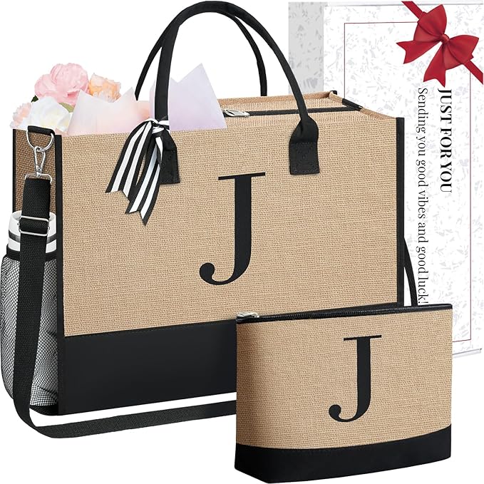 BAGAIL Initial Tote Bag, Personalized Birthday Gifts for Women, Teacher, Friends, Mom, Wedding, Monogrammed Beach Bag