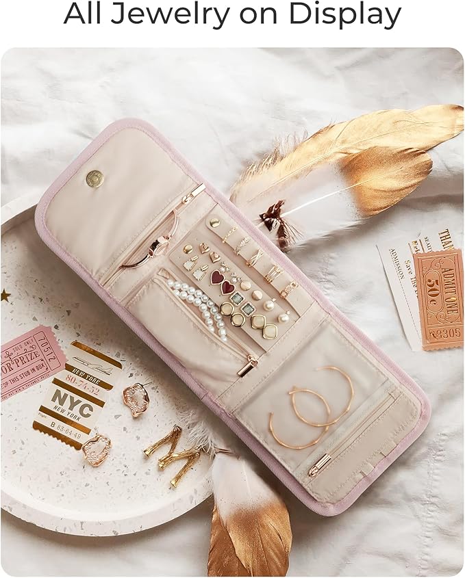 BAGSMART Travel Jewelry Organizer Case, Foldable Jewelry Roll for Necklaces, Earrings, Journey-Rings, Bracelets, Brooches, Portable, Pink