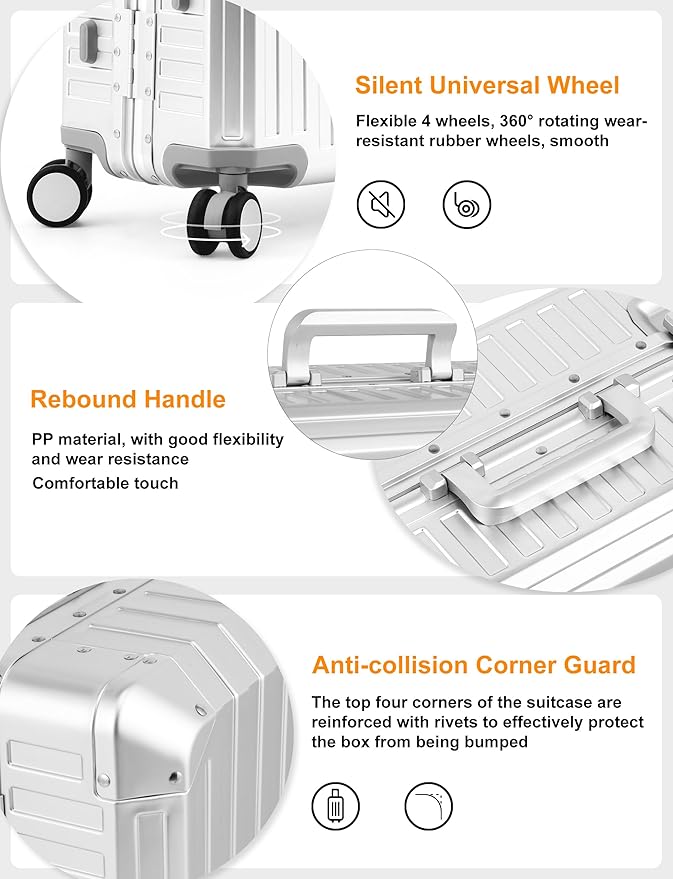 Mvst Luggage Premium All Aluminum Magnesium Carry On 20'' Lightweight Metal,Suitcase with Spinner Wheels Built-in Toiletry Set, Luggage Protector（silvery） (Silver, 24inch)